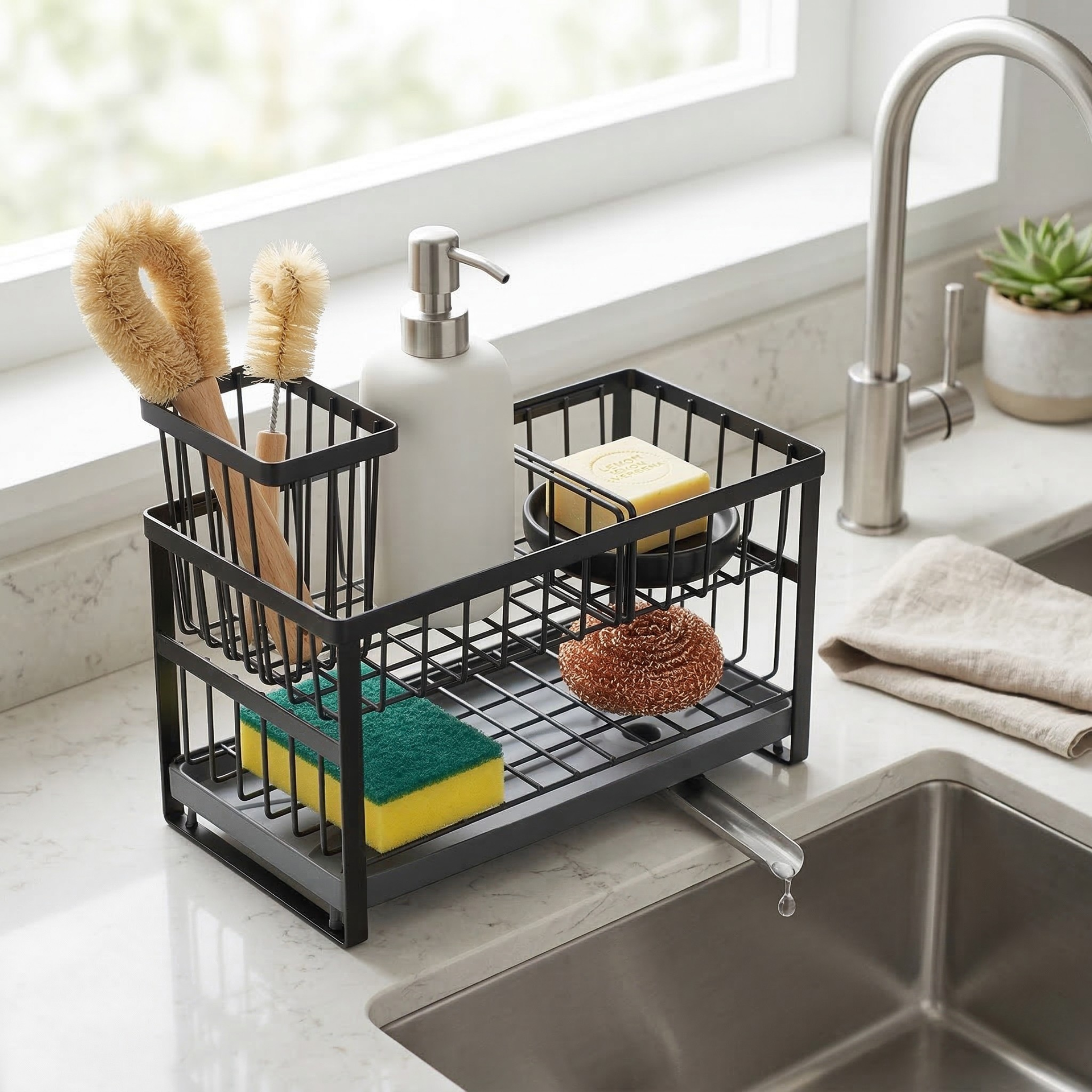 Kitchen Sink Caddy Organizer - Double Layer Countertop Sponge Holder