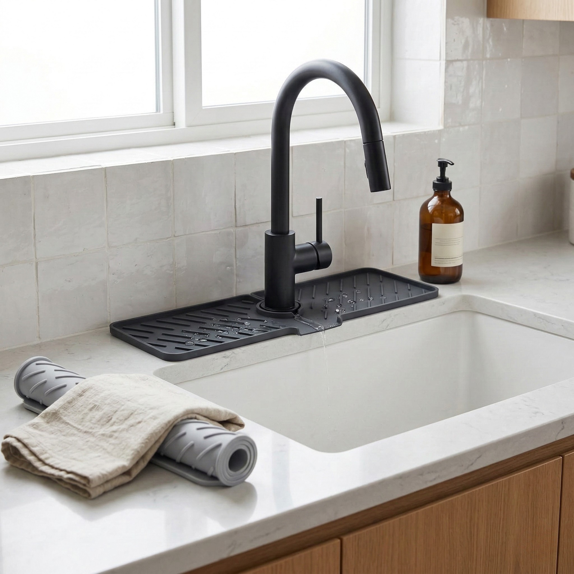 Silicone Sink Splash Guard - Self Draining Faucet Mat