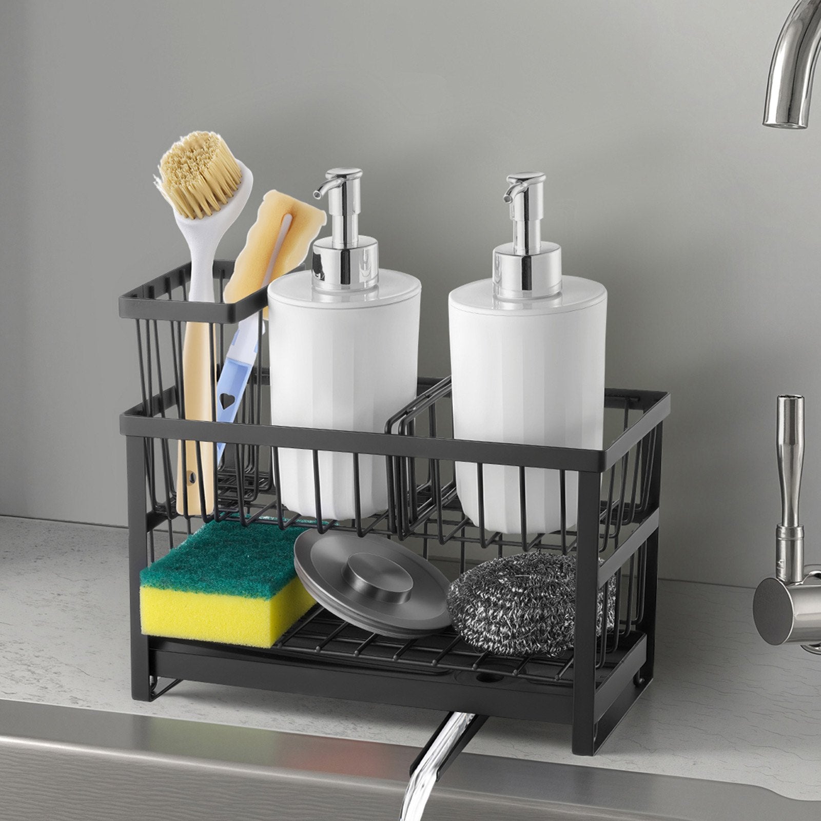 Kitchen Sink Caddy Organizer - Double Layer Countertop Sponge Holder